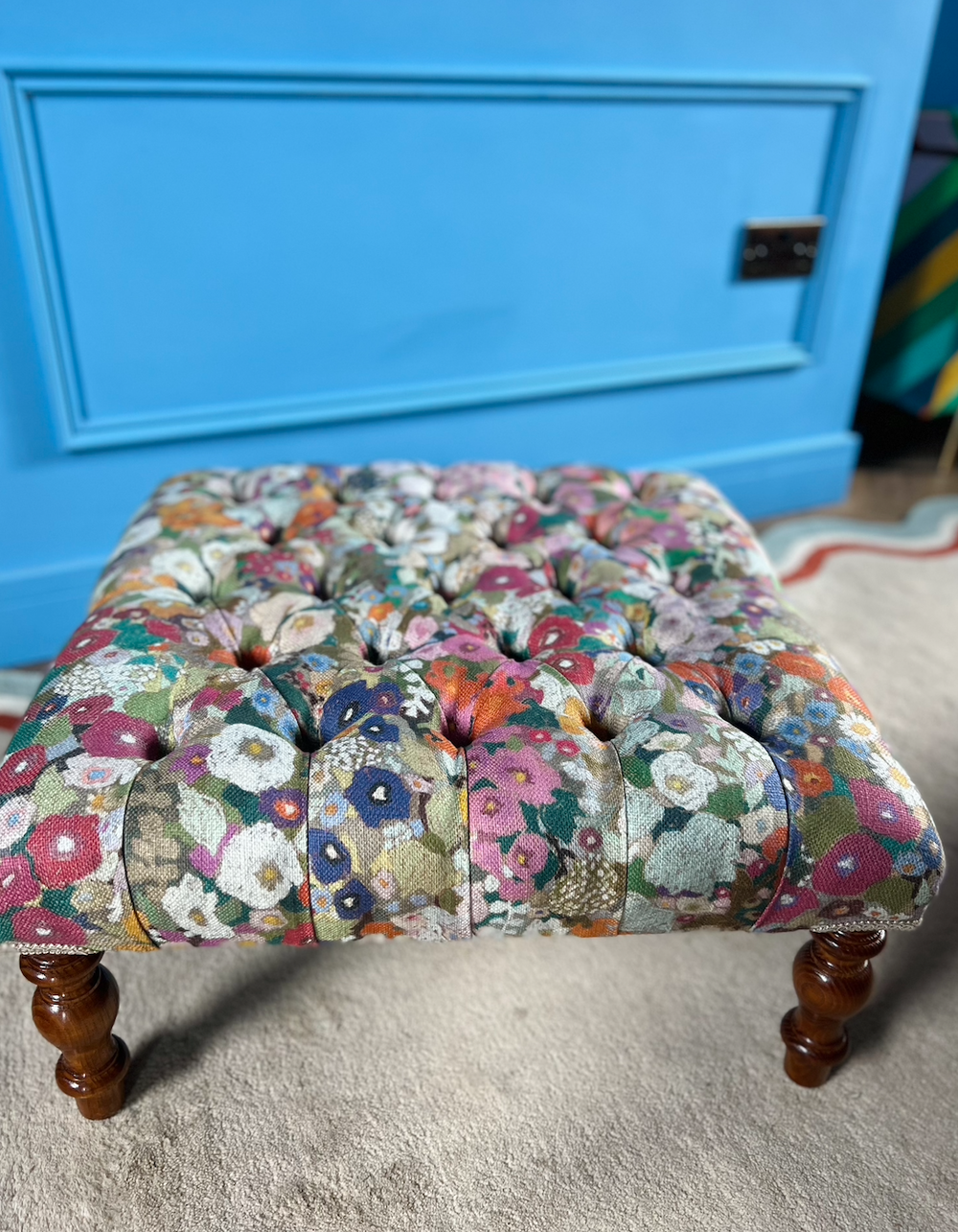 Deep Buttoned Footstool in House of Hackney Hollyhocks Viscose